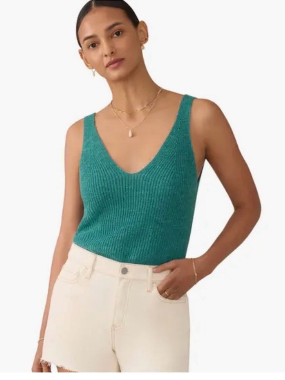 Faherty Knit V-Neck Tank Top in Teal Green